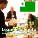 Image of people at book sale with the text Learn Esperanto - 8 week intermediate course